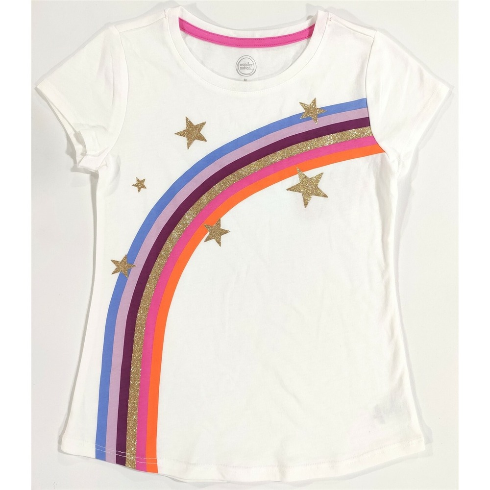 Wonder Nation Girls XS 4-5 White Rainbow Gold Glitter Stars Short Sleeve T-Shirt